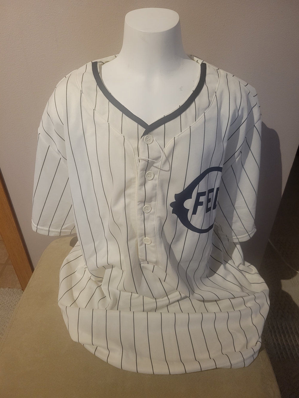 White Pinstripe  Baseball Jersey with Navy Logo FEDS